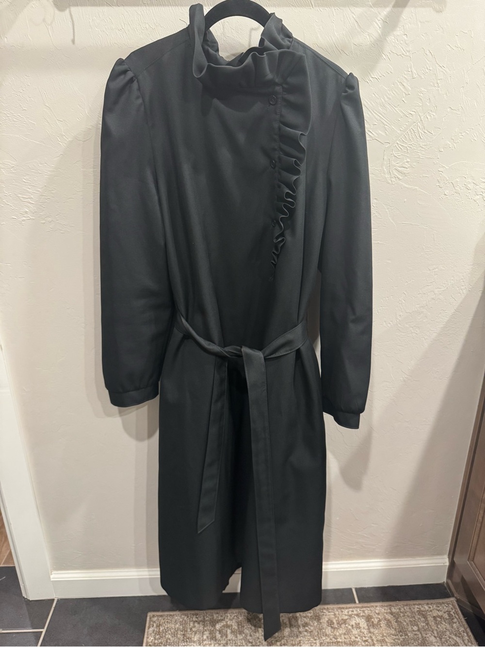 Women's Bonders Black Ruffle-Trim Full Length Trench Coat